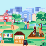 A brightly colored landscape illustrating several ideas intended to support stronger social connections in communities. Shown are people of diverse backgrounds engaging with one another in a community garden, at a fruit and vegetable stand, and throughout their community.