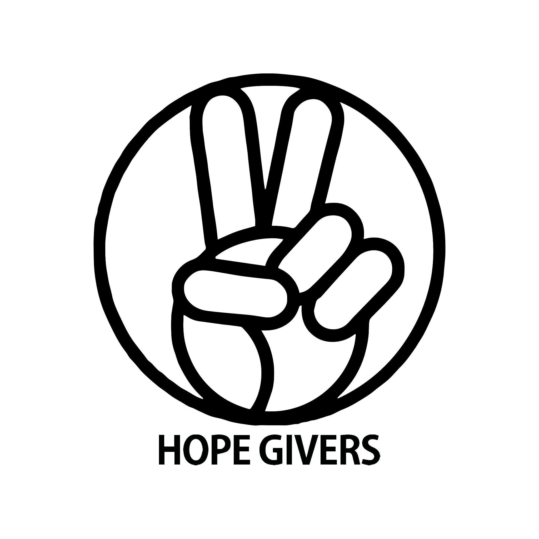 A circle surrounds a stylized hand exhibiting a peace sign. The hand also grasps a stylized Earth in its palm. Below is 'Hope Givers'