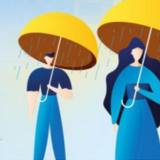 Illustration of two people with umbrellas. Although the weather is clear, rain comes from underneath the umbrellas.