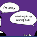 Two dialogue boxes. The first says 'I'm lonely' and the second says 'Want to join my running club?'